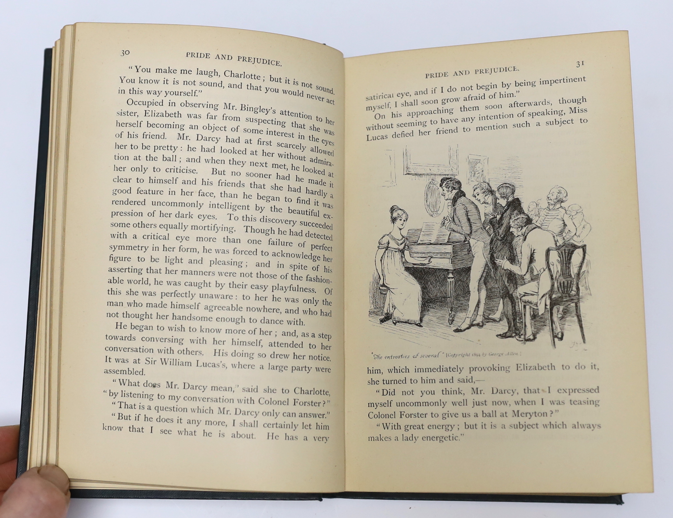 Austen, Jane - Pride and Prejudice, 1st peacock edition, with a preface by George Saintsbury, illustrated with 160 line drawings by Hugh Thomson, 8vo, original dark blue/green cloth gilt, half title with neat ink ownersh